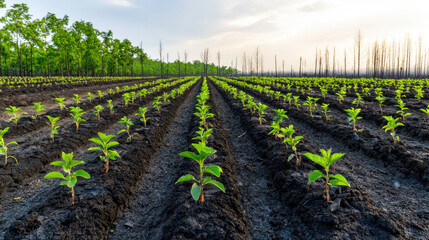 Obraz premium A lush field of young plants in neat rows, showcasing sustainable agriculture and growth under a bright sky.