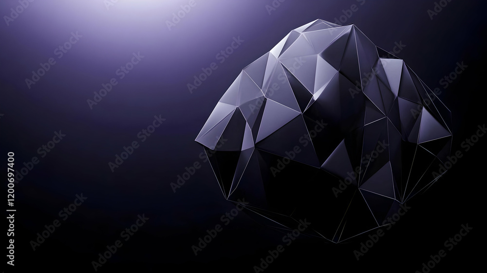 Poster abstract 3d polygonal shape floats on a dark background with soft light from above