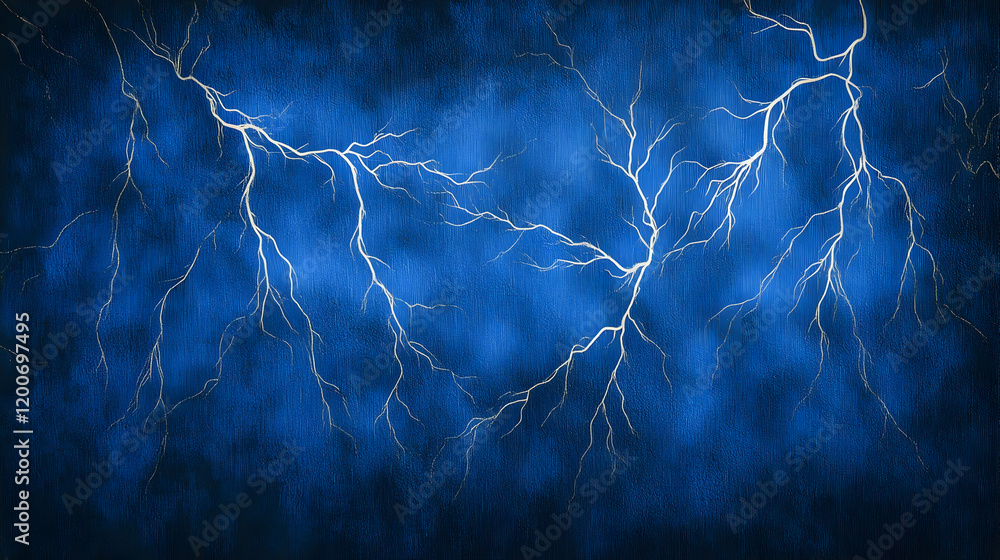 Poster white lightning strikes across a deep blue canvas background with textured detail and dramatic light