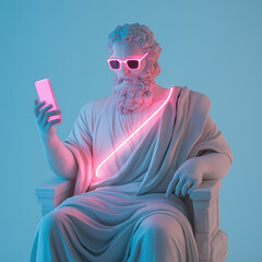 A man in a white robe is sitting in a chair and holding a cell phone