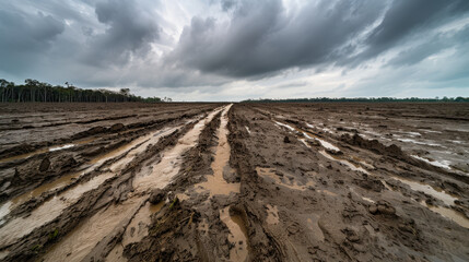 Dramatic landscape of muddy terrain with tire tracks and dark clouds