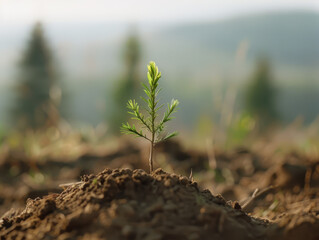 sapling emerging from soil, symbolizing resilience and growth in nature