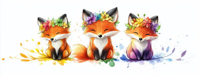 Three adorable cartoon foxes with flower crowns sit happily on a splash of colors, expressing joy and whimsy.