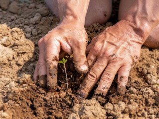 Planting small seedling in rich soil with hands covered in dirt