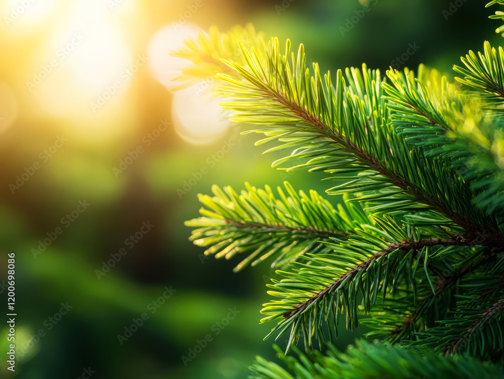 Poster close-up of green pine branch with sunlight and bokeh effect in outdoor nature setting