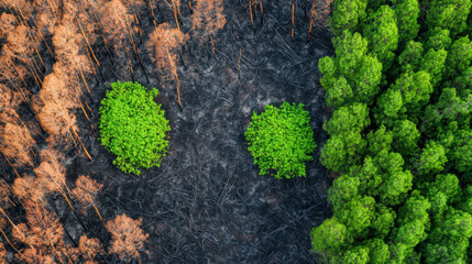 Aerial view of contrasting landscapes: scorched earth from wildfire on one side and vibrant green forests on the other, highlighting nature's resilience and recovery.