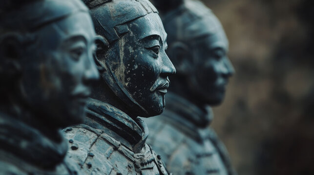 Close-up of ancient warrior statues, showcasing intricate details and historical significance.
