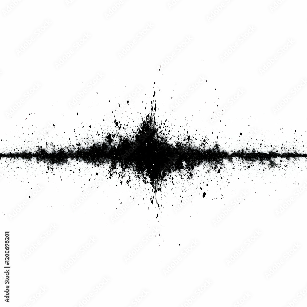 Poster black ink splatter explodes dramatically across a clean white background