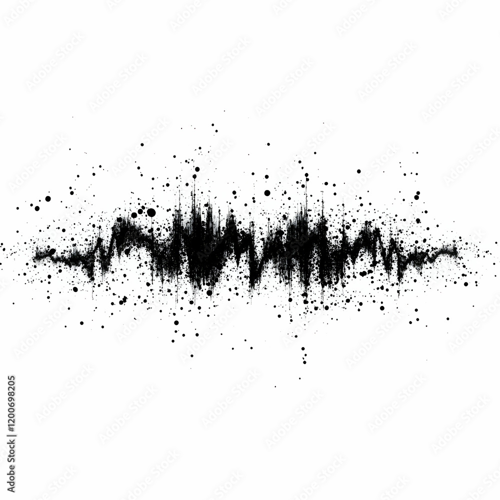 Poster abstract black ink splatter and splashes with dots on white background creates dynamic visual.