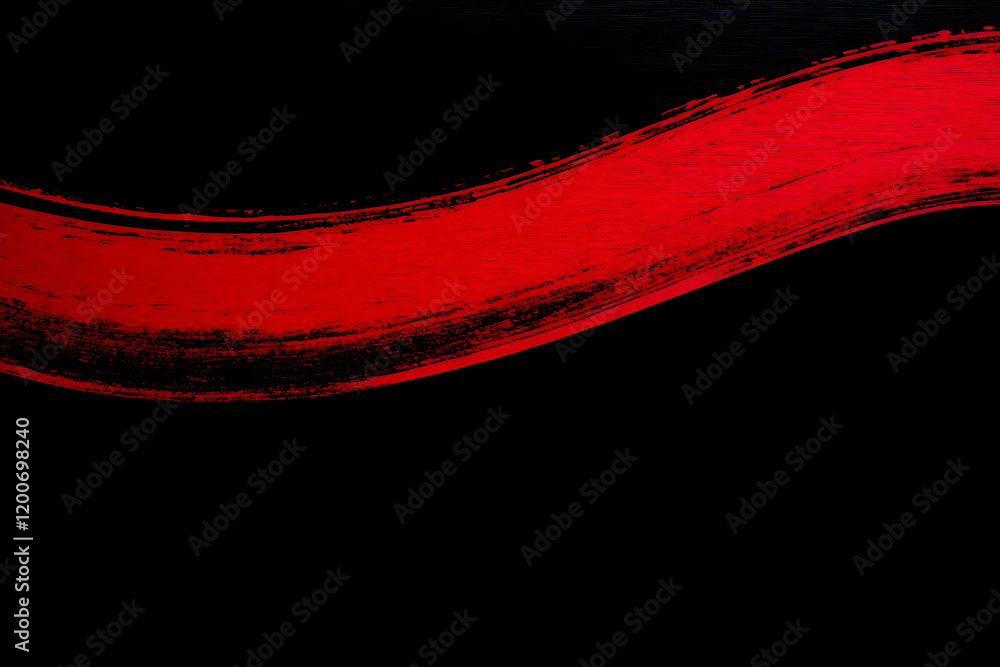 Poster red paint stroke curves dynamically across a black canvas background