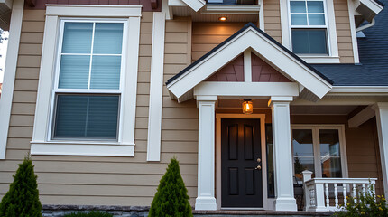 Fototapeta premium Elegant Home Exterior: Modern House Design with Porch and Landscaping. Real Estate Photography