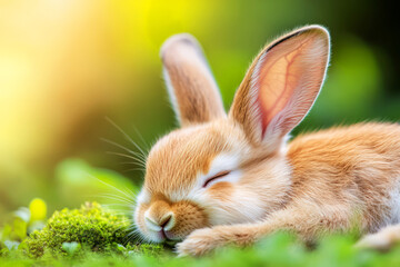 Fototapeta premium Adorable Baby Rabbit Sleeping Peacefully on Green Moss in Soft Natural Light