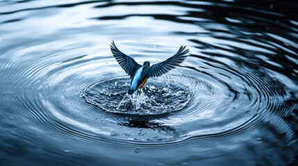 Kingfisher diving into water, creating ripples.