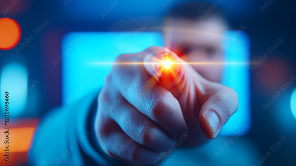 Poster close-up of a hand pointing with a bright light source in the background of digital environment