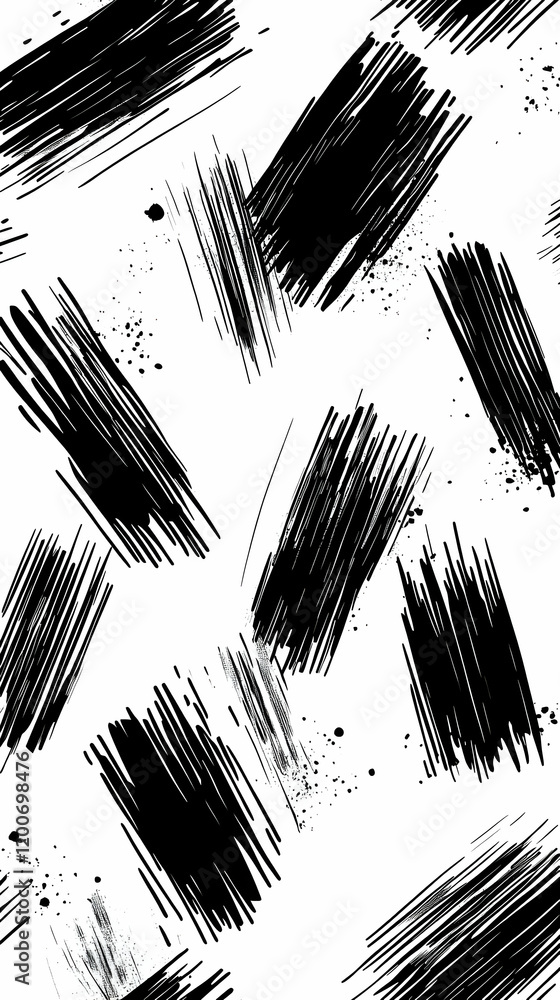 Poster abstract black brushstrokes pattern creates a dynamic visual rhythm with ink splatter accents