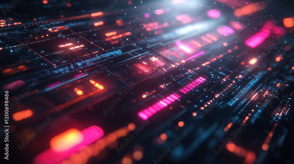 Poster abstract futuristic digital interface: neon lights and data streams