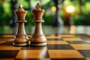 Elegant Wooden Chess Pieces on a Checkered Board with Soft Blurred Background