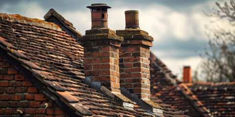 Naklejka premium Old brick chimneys on weathered rooftops against a cloudy sky