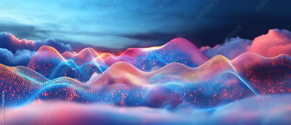 Poster abstract digital landscape: a mesmerizing blend of vibrant colors and flowing data forms a surreal d