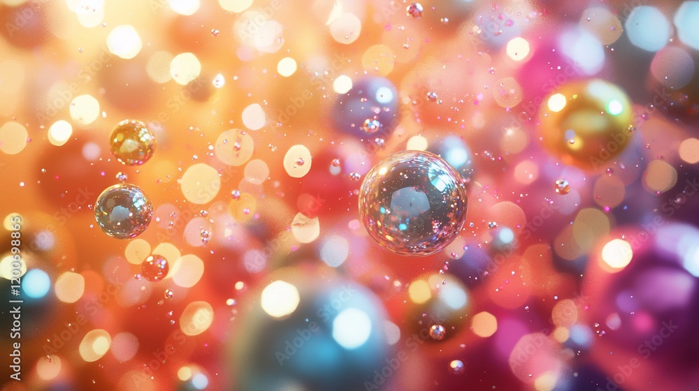Poster colorful shiny spheres floating in bokeh background.