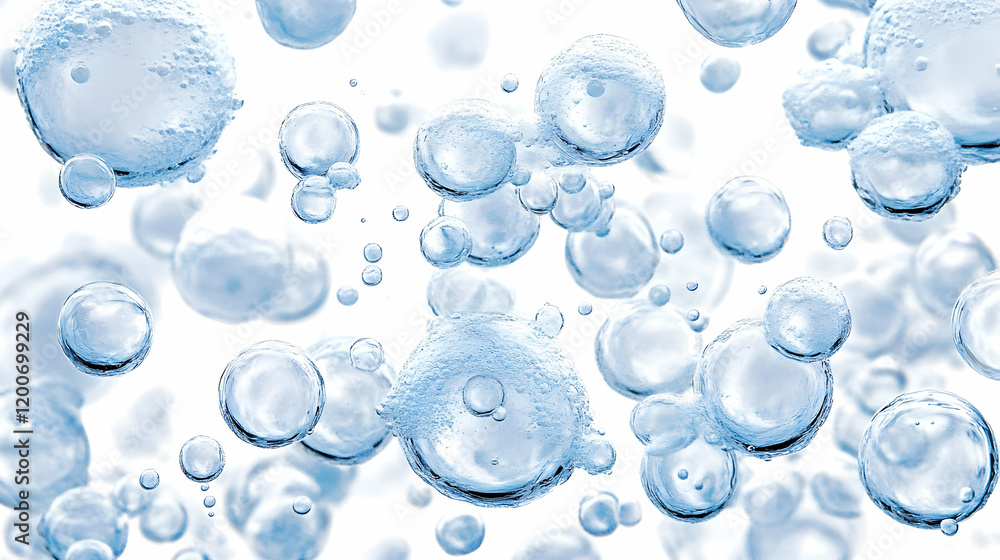 Poster transparent blue bubbles float and cluster on a white background, creating a refreshing abstract