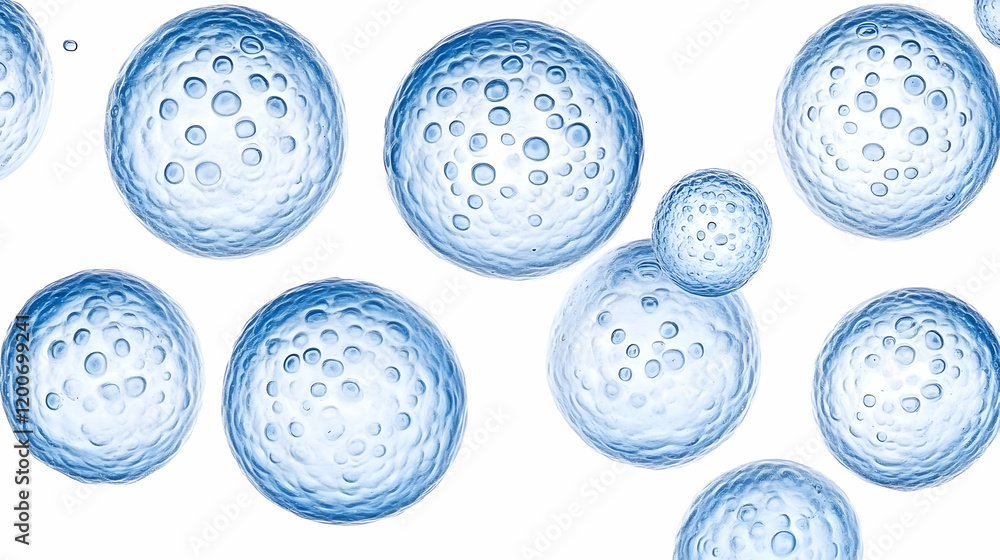 Poster translucent blue spheres with internal bubbles show cellular structures in a 3d render