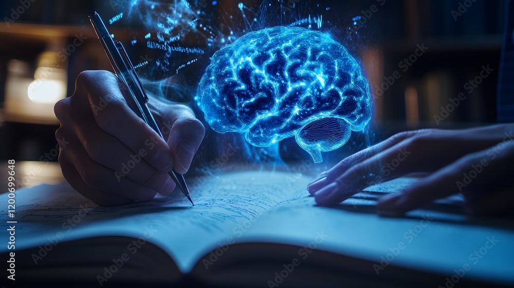 Poster hands writing in notebook with glowing brain visualization