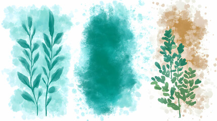 Watercolor Painting Illustration showcases Teal, Green, and Beige Splashes with Leaf Designs.