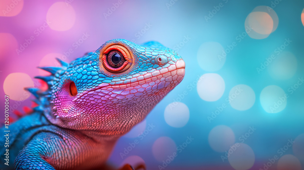 Poster vibrant blue gecko with abstract background and colorful bokeh effect