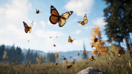 A vibrant scene of butterflies fluttering in a natural landscape.