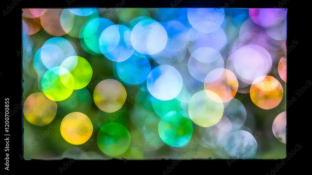 Poster colorful bokeh lights shine through a window on a dark background with soft focus.