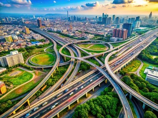 Naklejka premium Aerial perspective of Kaohsiung's intricate freeway system, showcasing Taiwan's highway infrastructure.