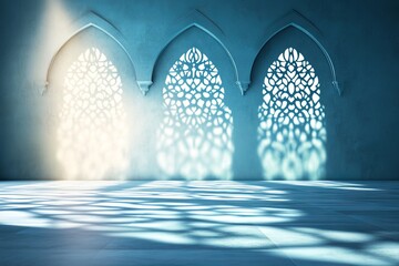 Soft blue gradient of Islamic pattern on wall arch, with shadow on the floor