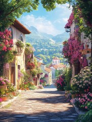 Obraz premium A picturesque cobblestone street adorned with vibrant flowers and greenery, leading to a charming village with mountains in the background, evoking a serene, idyllic atmosphere