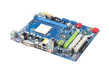 Computer Motherboard Featuring CPU Slot, RAM Slots, Multiple Connectors, and Integrated Components for Technology and Electronics Projects.