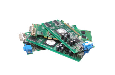Electronic Circuit Boards Piled Together, Featuring Various Components and Connectors.