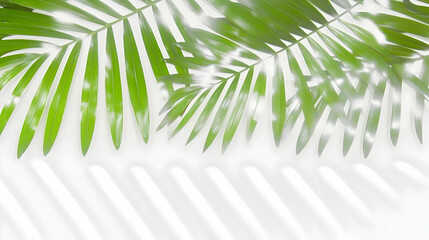 Green Palm Leaves Cast Shadow on White Background, Nature Wallpaper Concept