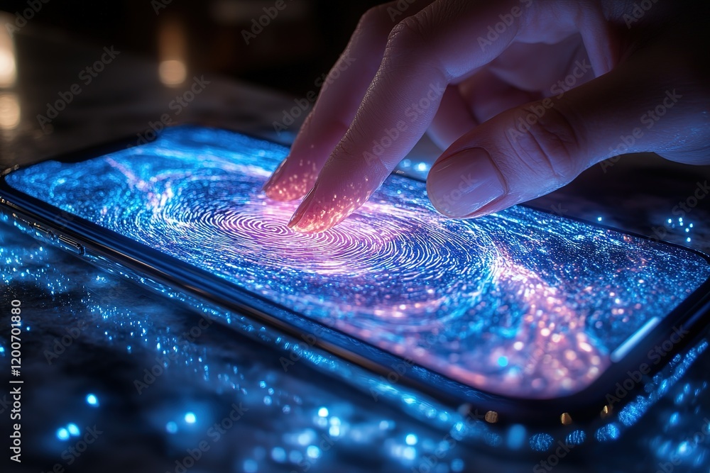 Poster finger unlocking phone screen with futuristic fingerprint scan animation.