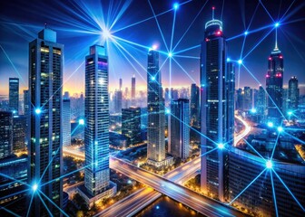 Obraz premium A futuristic metropolis, bathed in electric blue, boasts a dazzling neon skyline, obeying the rule of thirds.