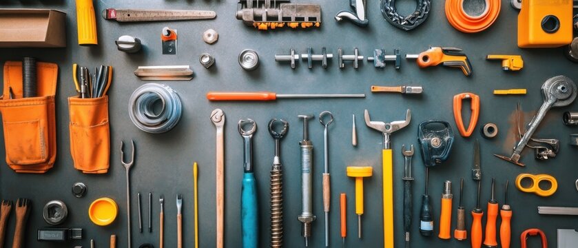 Collection of tools and equipment neatly arranged on a dark background, showcasing a variety of hand tools and measuring instruments.