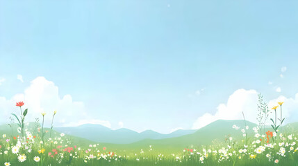 Fototapeta premium Serene Meadow Illustration Flourishes with Wildflowers Under a Clear Blue Sky Beautifully