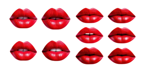 Collection of Red Lips in Various Poses,PNG set collection, isolated on transparent background
