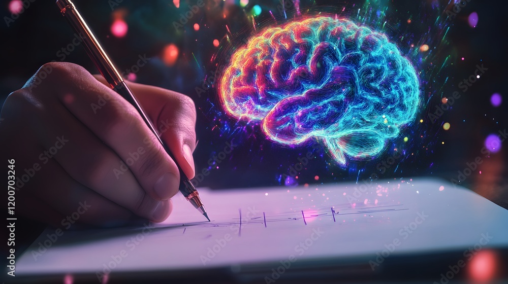 Poster a hand writes notes with a vibrant brain image above