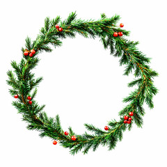 Christmas Wreath Decorated with Red Berries and Pine Branches Isolated on White Background