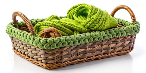 Obraz premium Surreal Rectangular Basket with Green Handles Woven from Knitwear on a Table Against a White Background