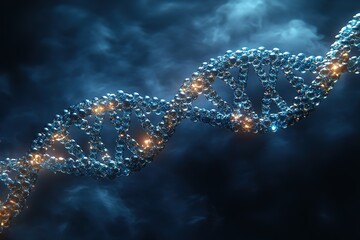 Glowing DNA double helix against a dark, stormy sky.  A striking image representing genetic code and scientific discovery.