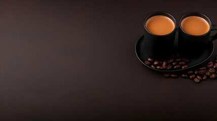 Fototapeta premium Two Black Coffee Mugs with Coffee Beans on a Dark Background Creates a Cozy Coffee Break Scene