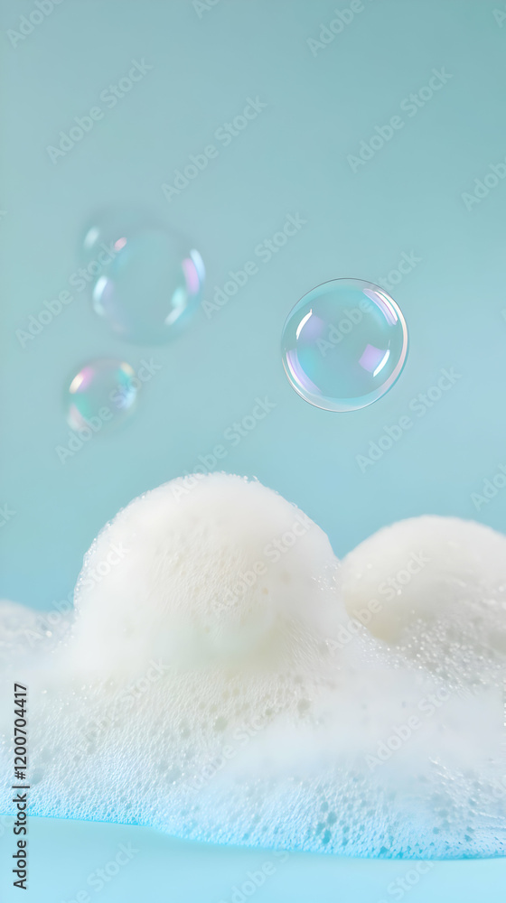Poster soap bubbles floating above fluffy white foam on a light blue background, creating a clean and refre