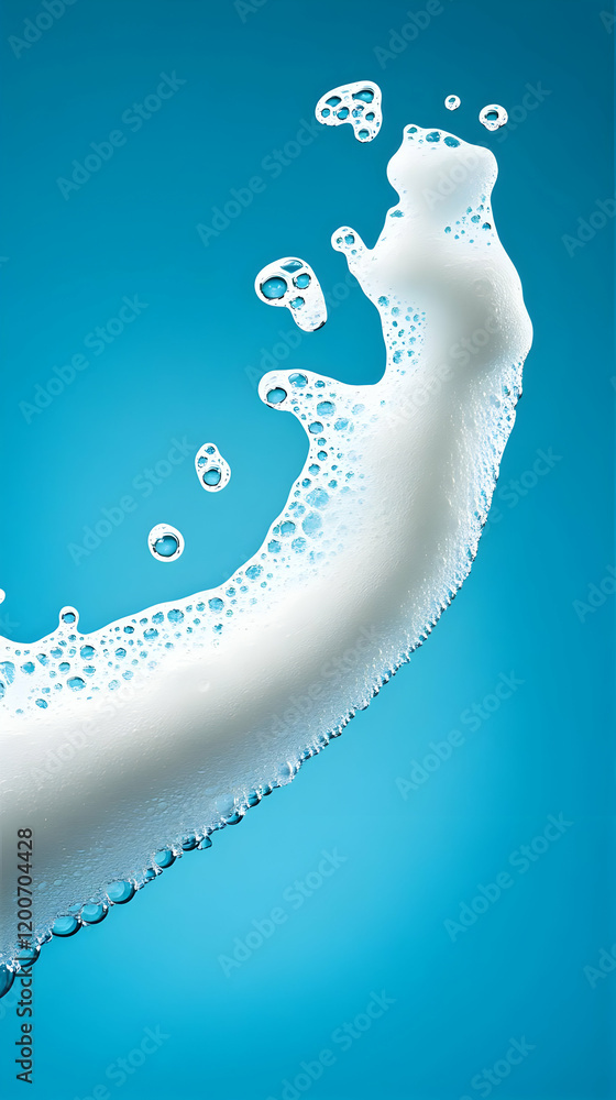 Poster white foam bubbles flowing smoothly on a vibrant blue background, creating an abstract and textured 