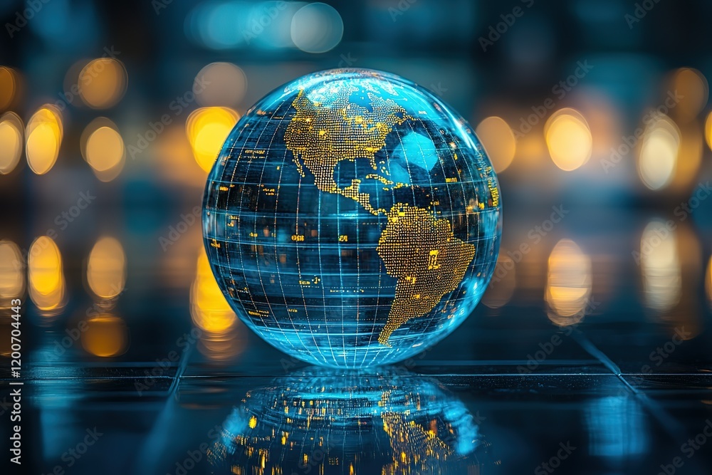 Poster glass globe with digital world map, reflecting in a dark surface with blurred lights in the backgrou